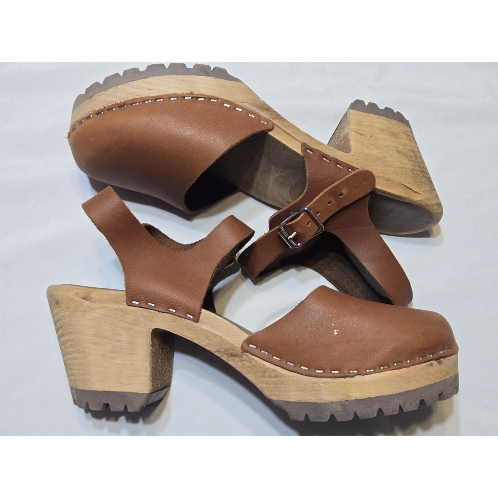 MIA Abba Mary Jane Swedish Wooden Clogs Leather Brown Size EUR 41/ US 10 Boho